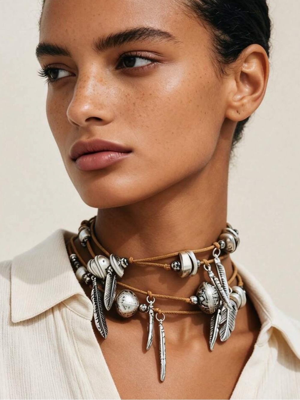 Bohemian Silver Feather Charm Layered Necklace